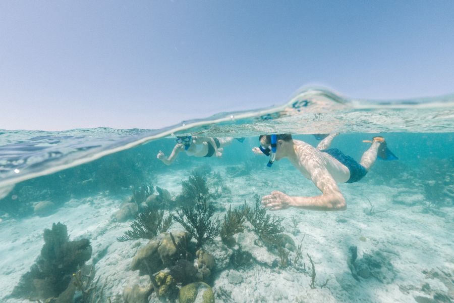 Couple snorkeling in Belize's barrier reef 