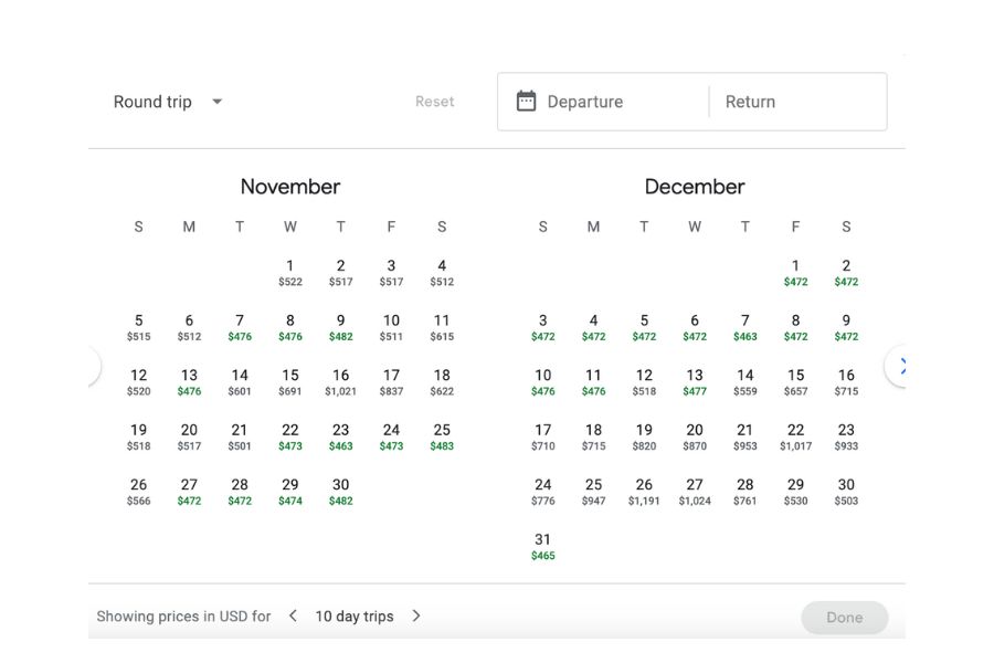 Google Flights Calendar view