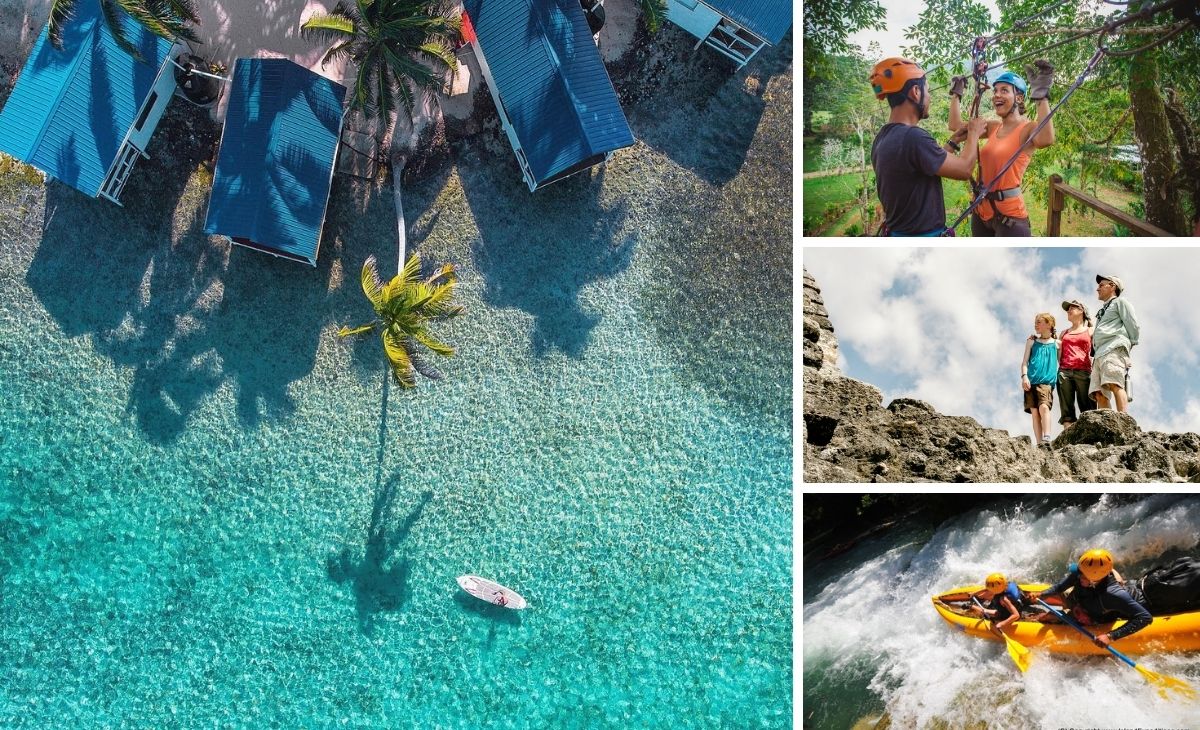 paddleboard on blue waters of Belize at Tobacco Caye paradise, zipline at Bocawina, Family at Belizean Mayan ruins , father and child water rafting