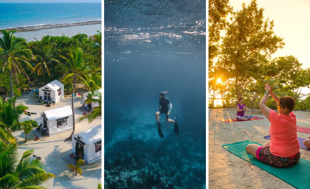 Belize Adventure Basecamps, man snorkeing in belize barrier reef, group doing yoga on an island