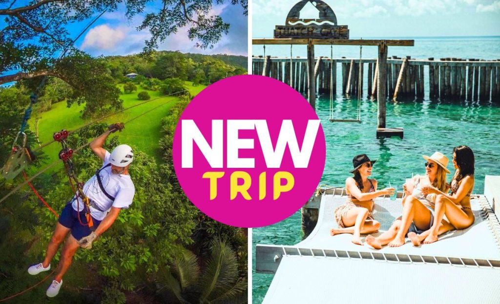man ziplining in the bocawina rainforest, and group of girls enjoying drinks at thatch caye
