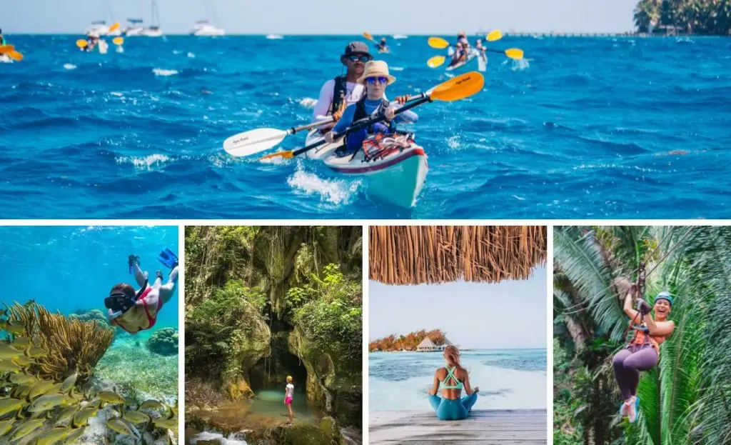 images of belize lighthouse reef, snorkeling the barrier reef, ATM cave, yoga at thatch caye and bocawina zipline