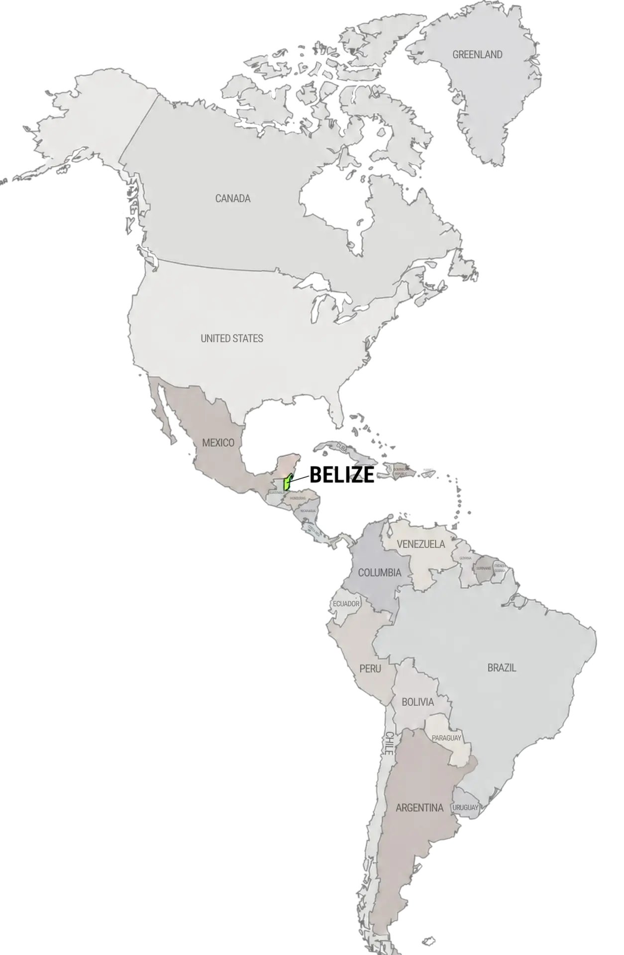 Map of the America's highlighting the location of Belize