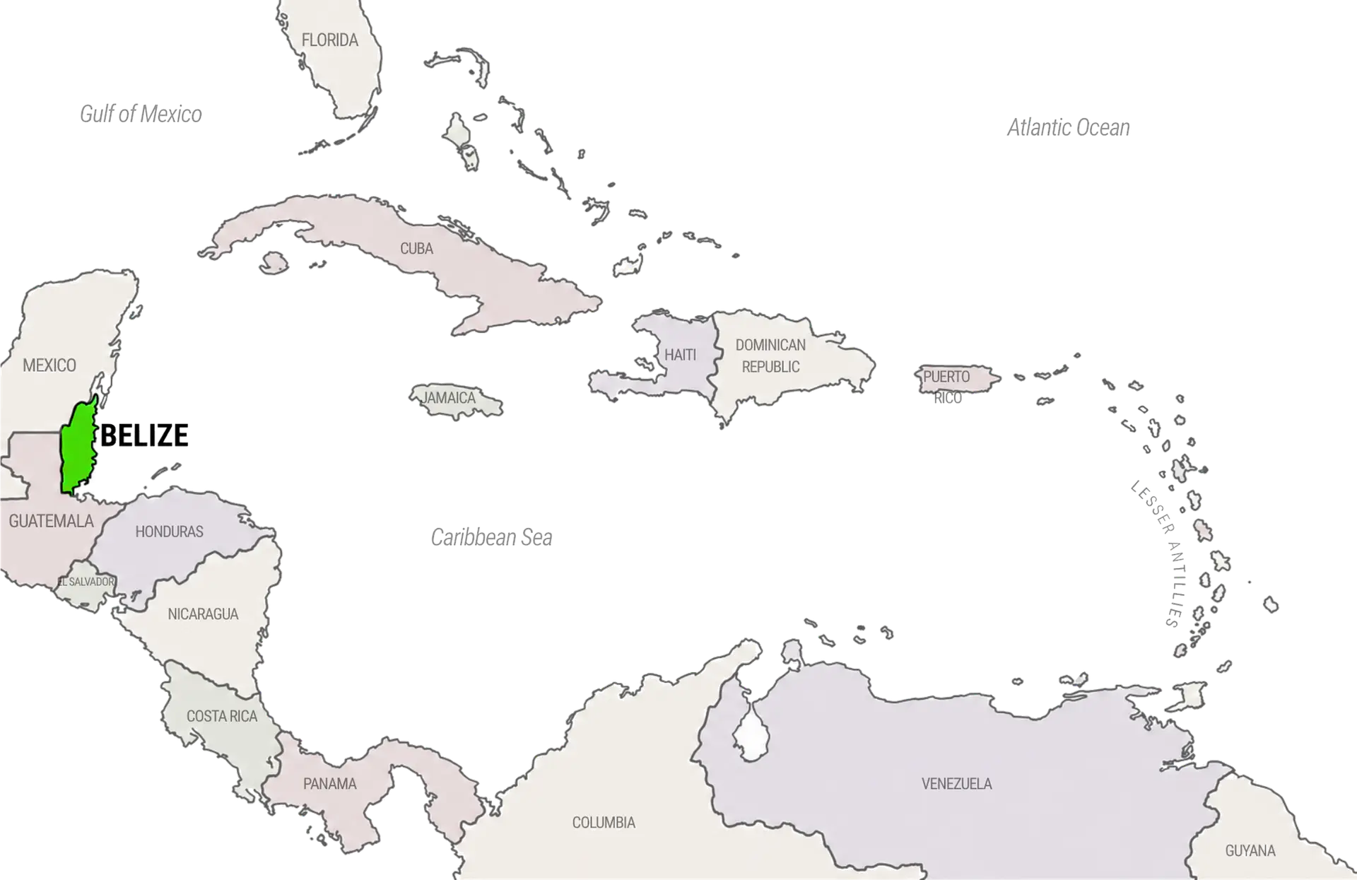 Map of the Caribbean highlighting the location of Belize