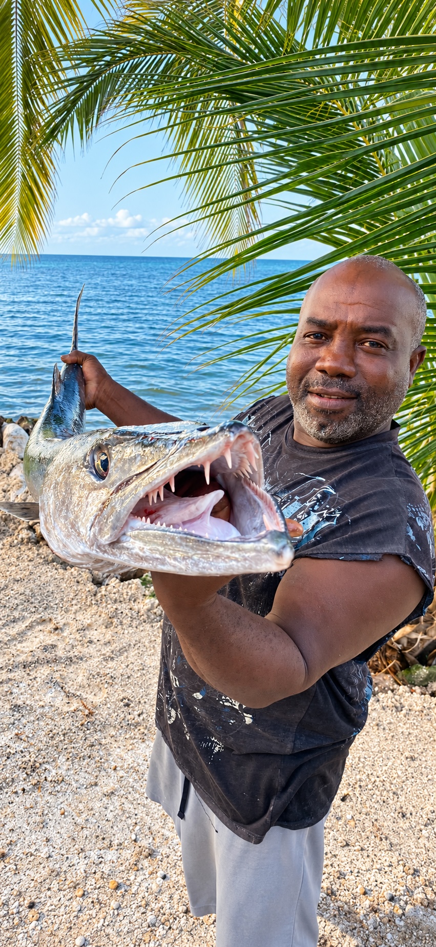 fisherman holding a huge barracuda on the beach