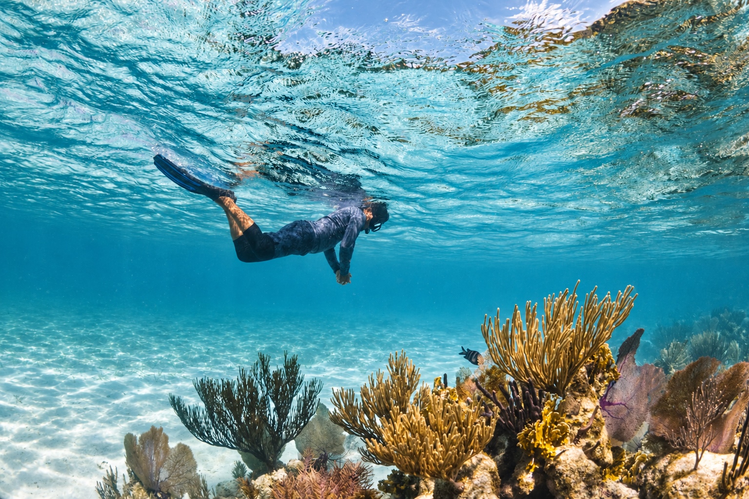 person snorkeling in crystal clear Belize waters